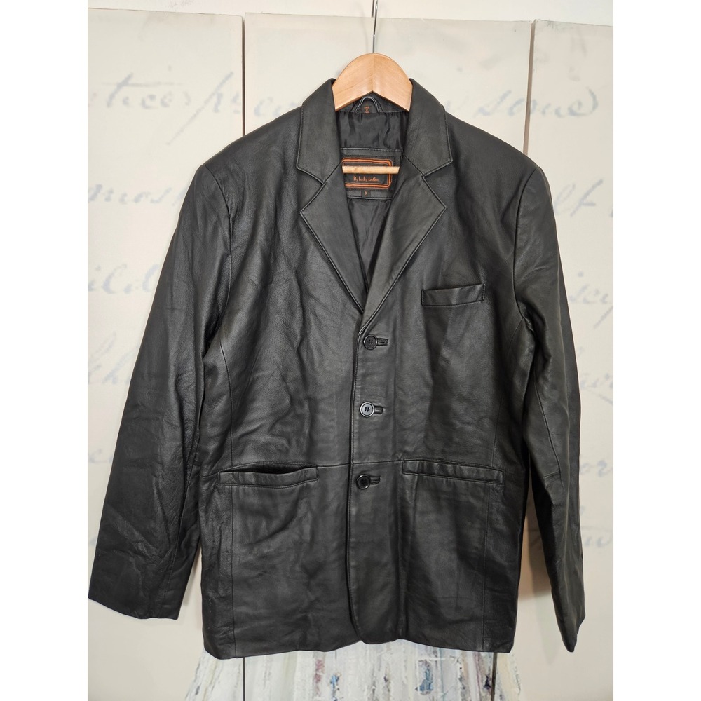 Leather World by Lucky Leather Mens Black Genuine Leather 3-Button Blazer Small
